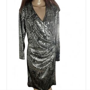 Susan Roselli Metallic Silver & Black Foil Wrap Cocktail Dress Made in USA Sz10